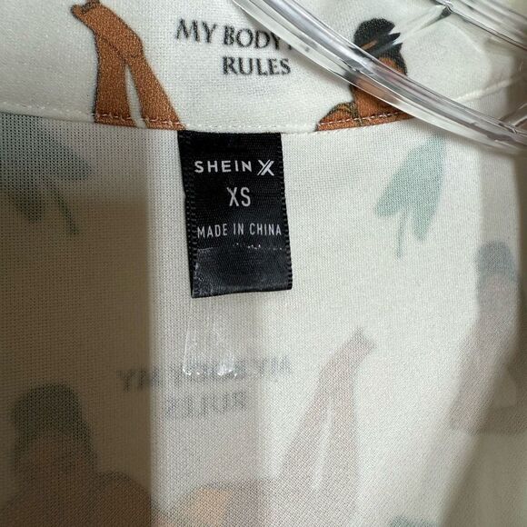 SHEIN Short Sleeve White Flare Jumpsuit Size XS My Body My Rules Buton Up - Picture 12 of 12